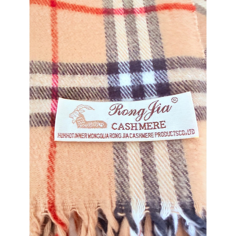 Rong Jia Cashmere Plaid Scarf Beige Nova Check Wrap Shawl 64x28 Quiet Luxury - Picture 2 of 7